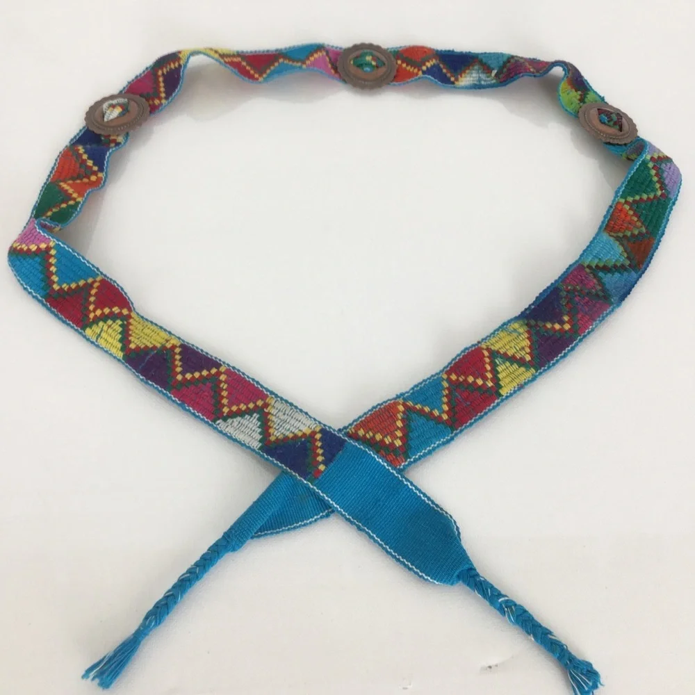 Vintage Colorful Western Handwoven Belt Copper Conchos Cowgirl Festival Tribal
